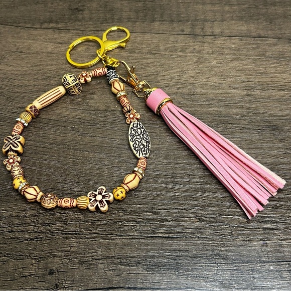 Bohemian Wooden Beads Beaded Keychain with Tassel - Gold and Pink - Picture 1 of 4